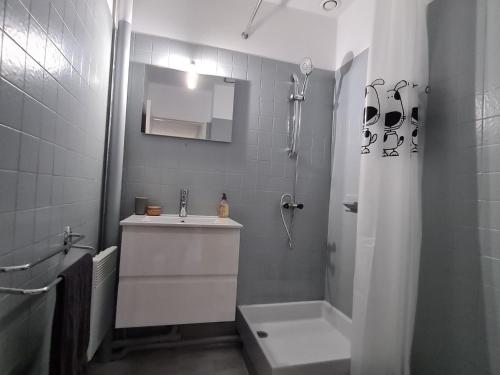 a white bathroom with a sink and a shower at Gîte tout confort avec jacuzzi, proche Loire et forêt d'Orléans, idéal pour séjours nature et détente - FR-1-590-253 in Ouzouer-sur-Loire