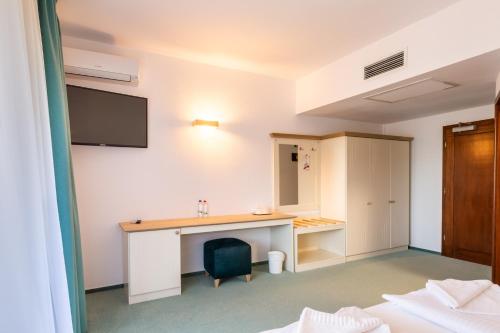 a hotel room with a desk and a tv at Complex Pastravaria Albota in Arpaşu de Sus