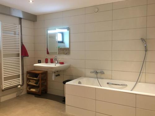 une salle de bain avec une baignoire et un lavabo dans l'établissement Écogîte avec Terrasse et Jardin Privatif pour Familles - FR-1-584-187, à Havange