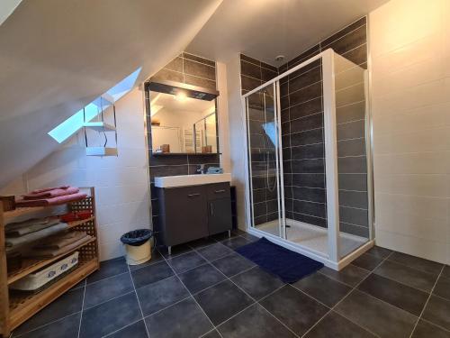 a small bathroom with a shower and a sink at Suite Familiale Privatisée avec Petit Déjeuner, Salon et Chambres au 1er Étage - FR-1-591-396 in Châteauroux