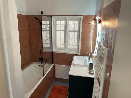 La salle de bains est pourvue d'un lavabo, d'une baignoire et d'une douche. dans l'établissement Le Duplex de la Reine, à Chambéry