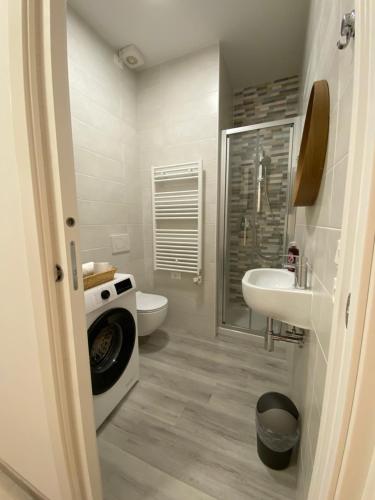 明喬河畔蓬蒂的住宿－Vittoria Peschiera，浴室配有卫生间水槽和洗衣机。