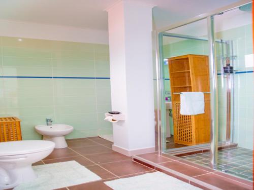 a bathroom with a toilet and a glass shower at One bedroom appartement at Au cap 100 m away from the beach with enclosed garden and wifi in Au Cap