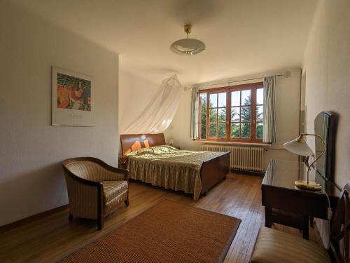 una camera con un letto e una sedia e una finestra di Gîte Lurais, 3 pièces, 5 personnes - FR-1-591-430 a Lurais