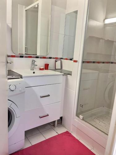 une salle de bain avec un lavabo et une douche dans l'établissement Lanc, à Valras-Plage