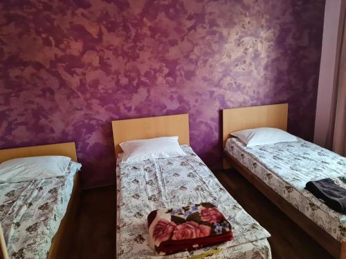 2 camas individuales en una habitación con paredes moradas en Cazare Vio, en Cluj-Napoca