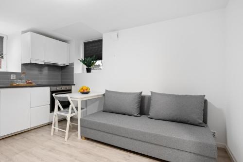 uma sala de estar com um sofá e uma cozinha em apartment Bergen em Bergen