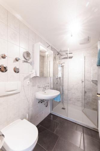 a bathroom with a toilet and a shower and a sink at Bergblick-Ferienwohnungen in Bad Hindelang