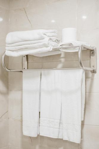 a group of towels on a towel rack in a bathroom at Apartamentos Turisticos Mastil 16 in Málaga