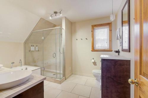 een badkamer met een wastafel, een toilet en een douche bij Idyllic Nature Retreat - Hot tub and Scenic Views in Baie-Saint-Paul