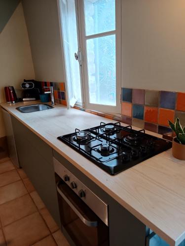 un comptoir de cuisine avec une cuisinière et une fenêtre dans l'établissement Sous la vigne, à Rustrel