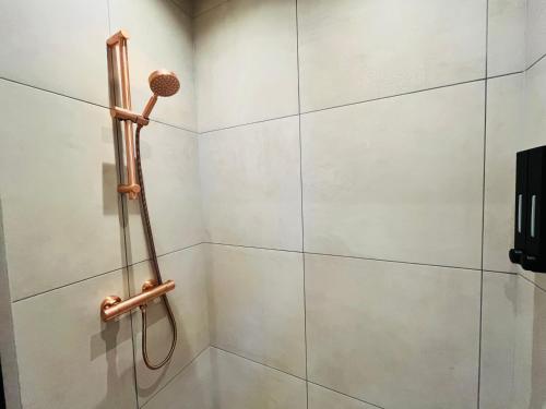 a shower in a bathroom with a shower head at Huisje bij Zee (gratis parkeren) in Noordwijk aan Zee