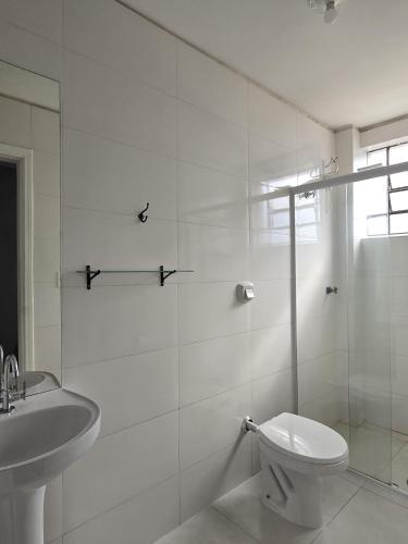 a white bathroom with a toilet and a sink at Hotel Bandeirantes de SJBV in São João da Boa Vista
