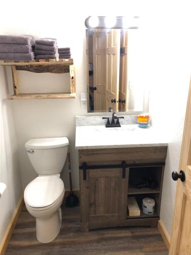 a bathroom with a toilet and a sink at Mountain View Lodge & Cabins in Hill City