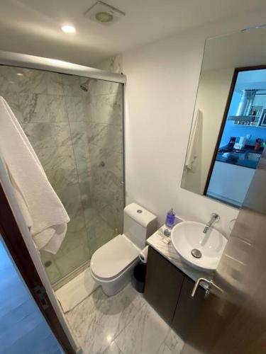 a bathroom with a shower and a toilet and a sink at Cómodo departamento en Polanco. Pool, gym & garage in Mexico City