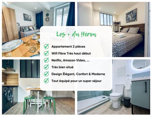 un collage de photos d'une chambre d'hôtel avec une chambre dans l'établissement Le Héron - Élégance - Confort moderne - 2RFHomes, à Château-Thierry