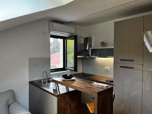 una pequeña cocina con encimera y ventana en UrbanStudio5, en Čakovec