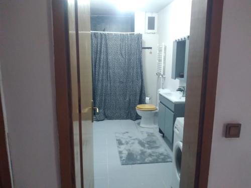 a bathroom with a shower with a toilet and a sink at naturel home in Adalar