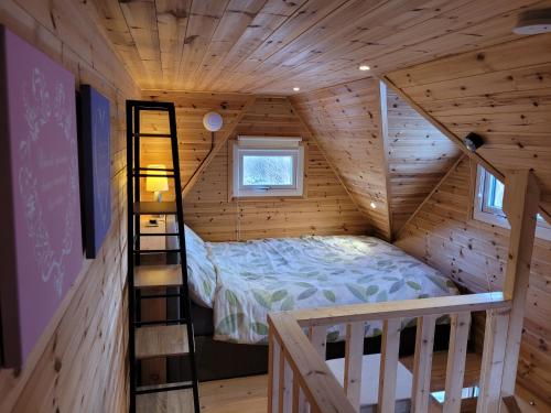 a bed in a wooden room with a ladder at Sound of Durnamuck in Durnamuck