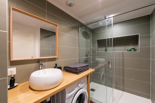 uma casa de banho com um lavatório, um chuveiro e uma máquina de lavar roupa em Appt premium Centre Château terrasse 2 chambres 6p vue exceptionnelle em Caen