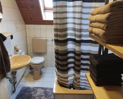 a bathroom with a toilet and a shower curtain at Gemütliche Monteurwohnung in Oberhausen in Oberhausen