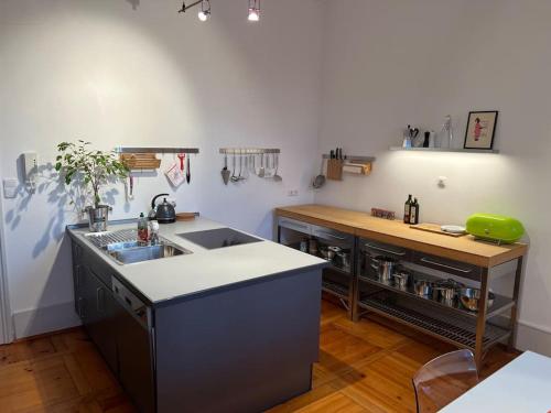 uma cozinha com um lavatório e uma bancada em Luxuriöse Design Wohnung im Barockschloss 110 m2 em Zeitlofs