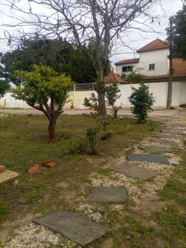 a yard with stepping stones and a tree and a building at O Mundo da Lua in Azeitao