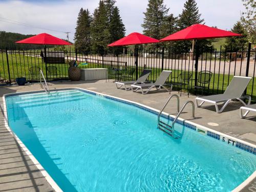 a swimming pool with chairs and red umbrellas at Mountain View Lodge & Cabins in Hill City