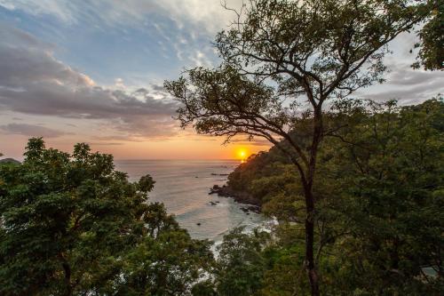 un tramonto sull'oceano con alberi in primo piano di Arenas Del Mar Beachfront & Rainforest Resort Member of the Cayuga Collection a Manuel Antonio