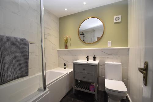 ein Badezimmer mit einem WC, einem Waschbecken und einem Spiegel in der Unterkunft Daisy in Rye