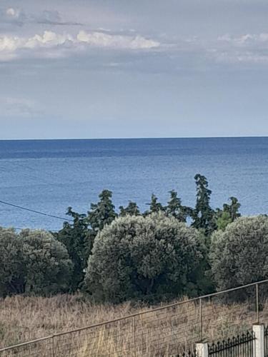 a view of the ocean with trees and a fence at Olive tree 5 bedroom VIlla in Potidaia, Kassandra Chalkidiki in Nea Potidaea