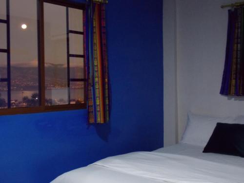 a blue bedroom with a bed and a window at Green House Araque Inn in Otavalo