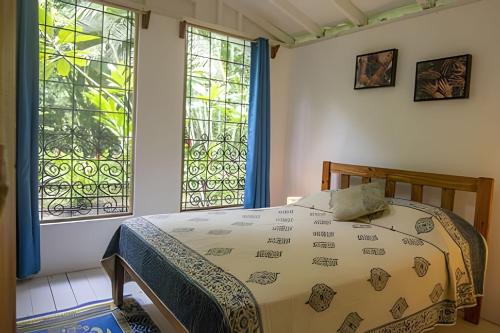 a bedroom with a bed and two windows at Vishraam House ~ A pocos pasos de la playa in Cocles