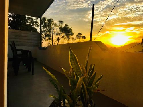 een zonsondergang vanaf een balkon met een plant en een stoel bij Cloud Nine in Kandy