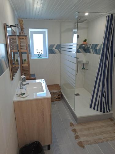 ein Bad mit einer Glasdusche und einem Waschbecken in der Unterkunft JOLI DEUX PIECES PROCHES TOUTES COMMODITES à CHALLANS in Challans