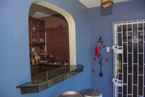 a blue kitchen with a sink and a mirror at The Biltons - 6 min from airport- A/C in all rooms in Montego Bay