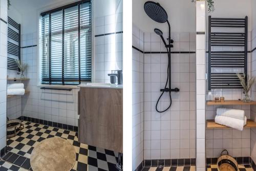 2 immagini di un bagno con doccia e lavandino di CanalView Luxury Apartment ad Amsterdam