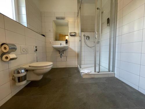 a bathroom with a toilet and a shower and a sink at Hotel am Römerplatz in Ulm