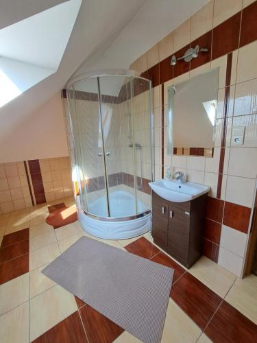 a bathroom with a shower and a sink at Agroturystyka Pod Płaczącym Kamieniem in Józefów