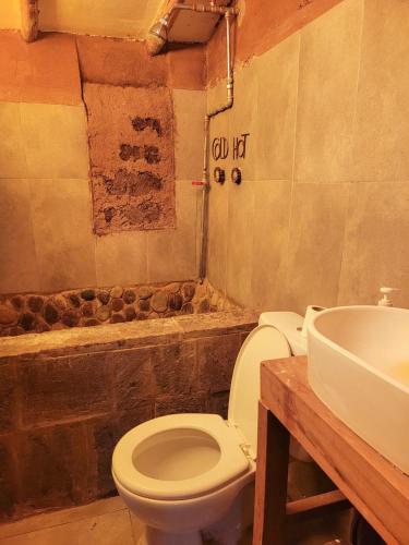 a bathroom with a toilet and a sink at Wolf Totem Lux Backpacker Villa in Pisac