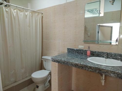 a bathroom with a toilet and a sink and a mirror at Casa para 15 personas - Playas, villamil in Playas