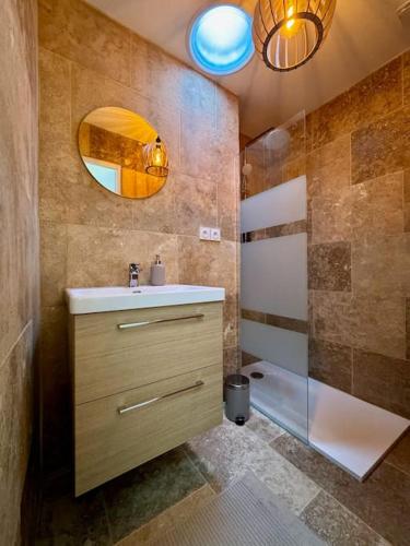 une salle de bain avec un lavabo, un miroir et une douche dans l'établissement Appartement lumineux avec terrasses, au Luc