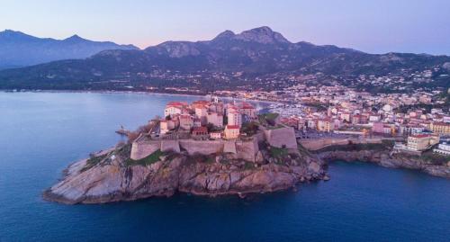 an island in the water with a town on it at Résidence Villa Branda in Calvi