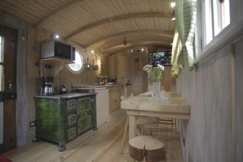 - une cuisine avec un îlot vert dans une petite maison dans l'établissement ROULOTTE DU PERE NOEL, à Ban-sur-Meurthe-Clefcy