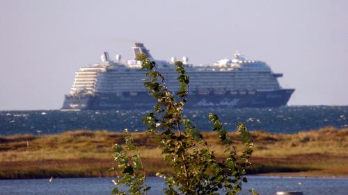 a cruise ship in the ocean with a cruise ship at Ferienhaus Meerzeit Marina Wendtorf in Wendtorf