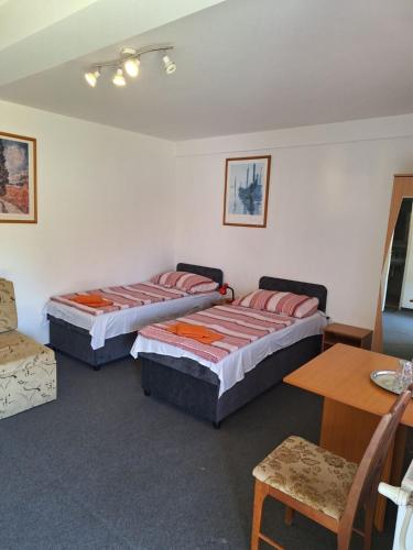 2 Betten in einem Zimmer mit Tisch und Stühlen in der Unterkunft Fenyő Panzió in Mezőkövesd