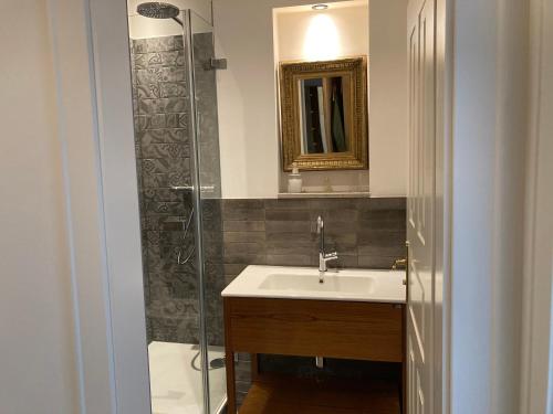 ein Bad mit einem Waschbecken und einer Dusche in der Unterkunft ciao-aschau Haus zur Burg Apartment Terrassenstüberl 113 in Aschau
