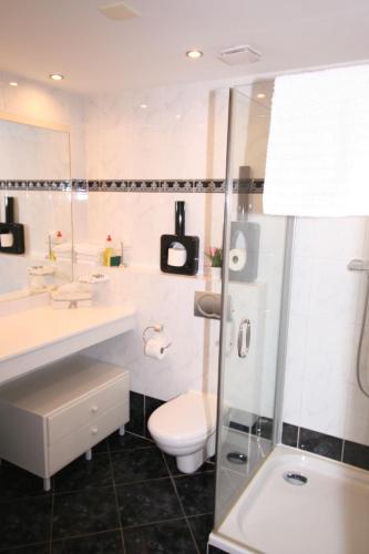 a bathroom with a toilet and a sink and a shower at Villa 't Haasduin in Wijk aan Zee
