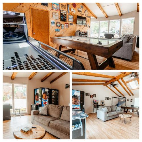 two pictures of a living room and a room with a table at Timber Point Villa # 7 Bernie's Bungalo in Branson