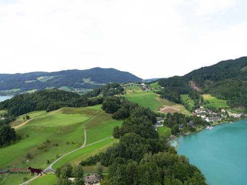 a view of a golf course next to a lake at Naturtalente Berghaus - Apartment 2 in Innerschwand am Mondsee